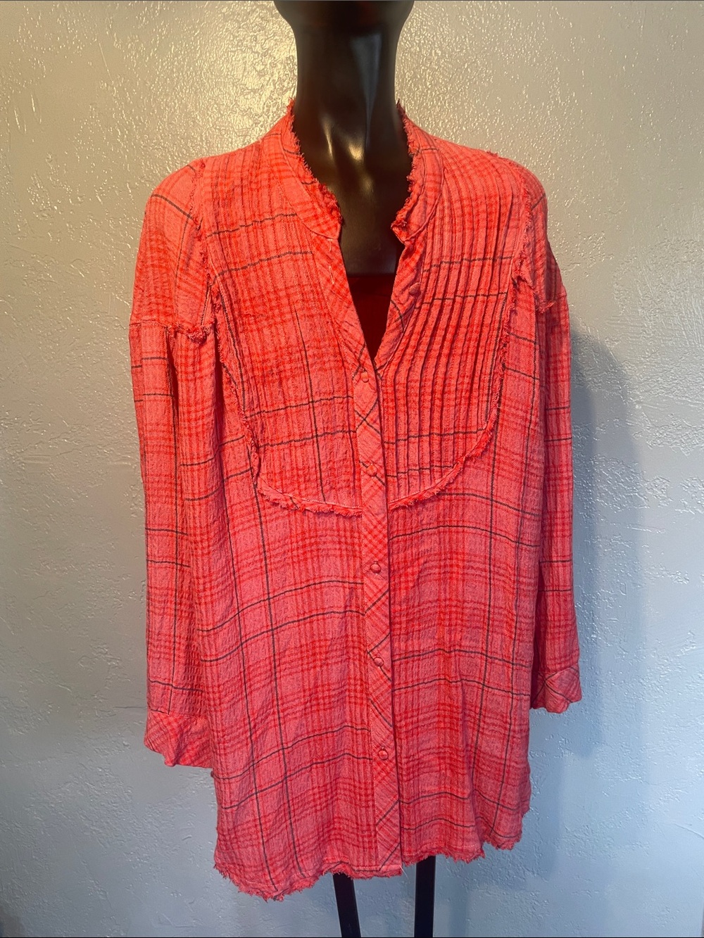 Coral Plaid Ruffled Button-Front Blouse